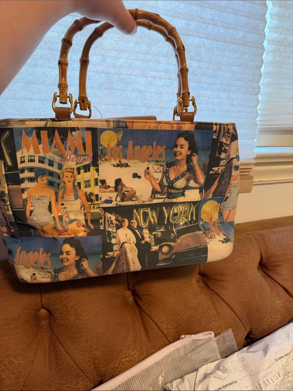 Y2K Vintage Postcard Print Bamboo-Handle Tote Bag - Multicolor